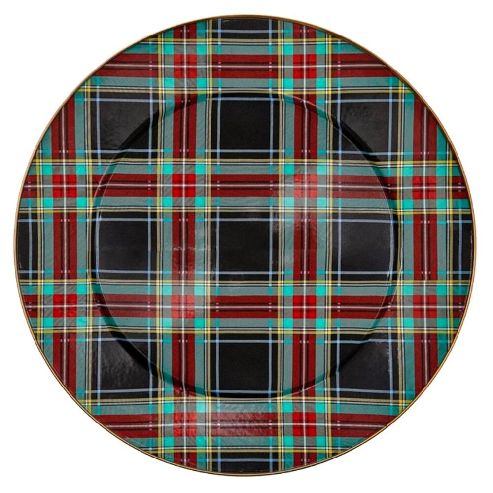 Mackenzie Childs Tartan Black Serving Platter 16in Christmas Holiday NEW